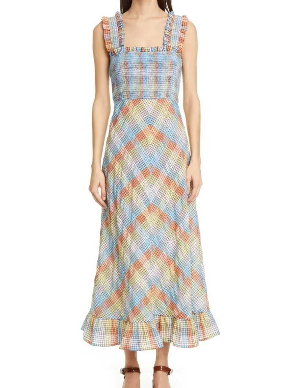 Ganni Plaid Smocked Seersucker Midi Sundress